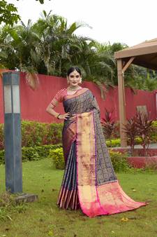 Navy Blue Zari Woven Faux Kanjeevaram Silk Blend Saree With Blouse