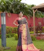 Navy Blue Zari Woven Faux Kanjeevaram Silk Blend Saree With Blouse