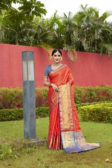 Red Zari Woven Faux Kanjeevaram Silk Blend Saree With Blouse