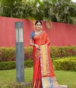 Red Zari Woven Faux Kanjeevaram Silk Blend Saree With Blouse