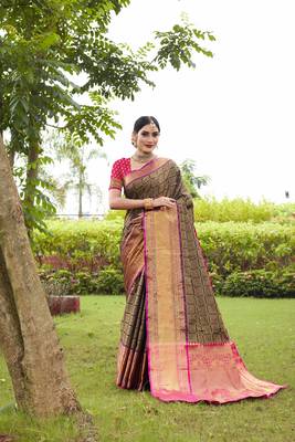 Black Zari Woven Faux Kanjeevaram Silk Blend Saree With Blouse 1
