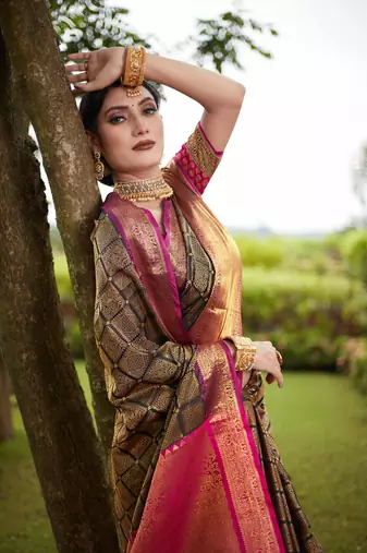 Black Zari Woven Faux Kanjeevaram Silk Blend Saree With Blouse