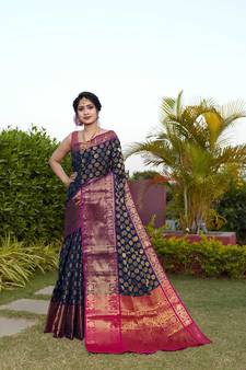 Navy Blue Zari Woven Banarasi Silk saree with blouse