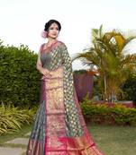 Grey Zari Woven Banarasi silk blend saree with blouse