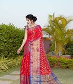 Red Zari Woven Banarasi silk blend saree with blouse