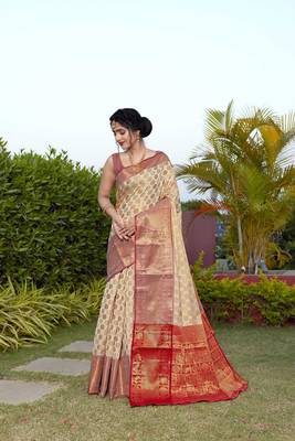 White Zari Woven Banarasi Silk saree with blouse 1