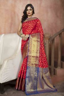 Red Zari Woven Banarasi Silk Saree with Blouse