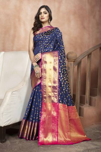 Navy Blue Zari Woven Banarasi Silk Saree with Blouse
