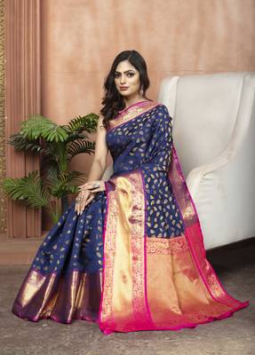 Navy Blue Zari Woven Banarasi Silk Saree with Blouse 2