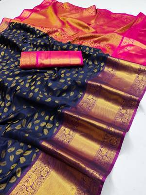 Navy Blue Zari Woven Banarasi Silk Saree with Blouse 4