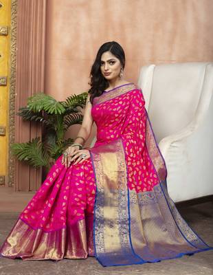 Pink Zari Woven Banarasi Silk Saree with Blouse 2