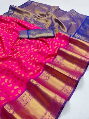 Pink Zari Woven Banarasi Silk Saree with Blouse 4