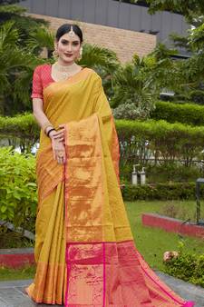 Yellow Zari Woven Kanjeevaram silk Saree With Blouse