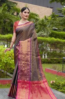 Navy Blue Zari Woven Faux Kanjeevaram Silk Blend Saree With Blouse