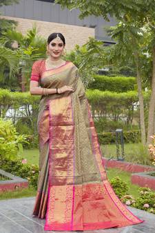 Grey Zari Woven Faux Kanjeevaram Silk Blend Saree With Blouse