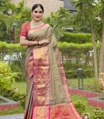 Grey Zari Woven Faux Kanjeevaram Silk Blend Saree With Blouse