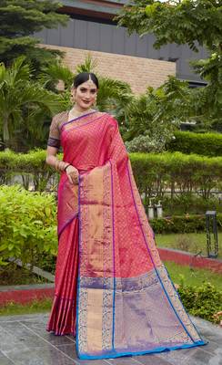 Pink Zari Woven Faux Kanjeevaram Silk Blend Saree With Blouse 1