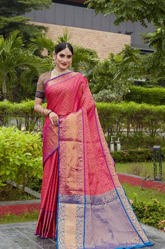 Pink Zari Woven Faux Kanjeevaram Silk Blend Saree With Blouse