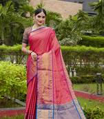 Pink Zari Woven Faux Kanjeevaram Silk Blend Saree With Blouse