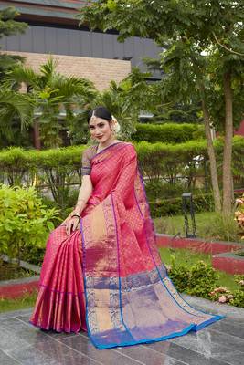 Pink Zari Woven Faux Kanjeevaram Silk Blend Saree With Blouse 2