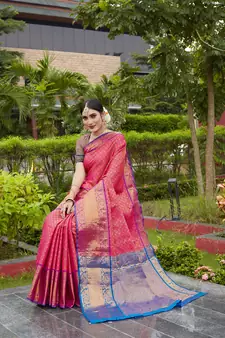 Pink Zari Woven Faux Kanjeevaram Silk Blend Saree With Blouse