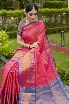 Pink Zari Woven Faux Kanjeevaram Silk Blend Saree With Blouse