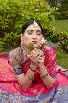Pink Zari Woven Faux Kanjeevaram Silk Blend Saree With Blouse