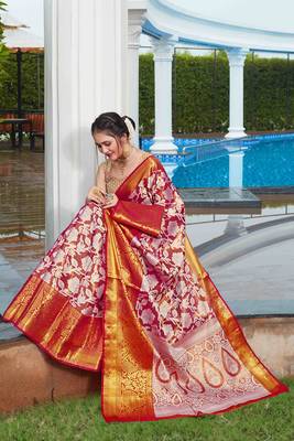Pink Zari Woven Faux Kanjeevaram Silk Blend Saree With Blouse 2