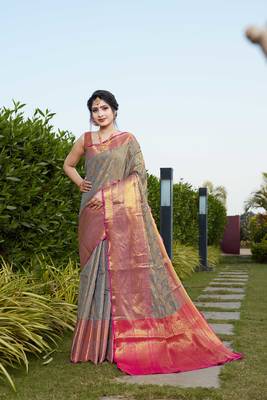 Grey Zari Woven Faux Kanjeevaram Silk Blend Saree With Blouse 1