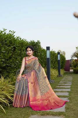 Grey Zari Woven Faux Kanjeevaram Silk Blend Saree With Blouse 2