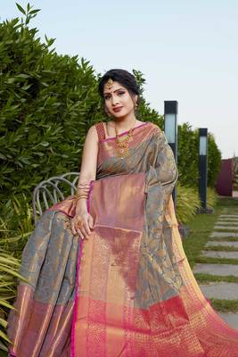 Grey Zari Woven Faux Kanjeevaram Silk Blend Saree With Blouse 3