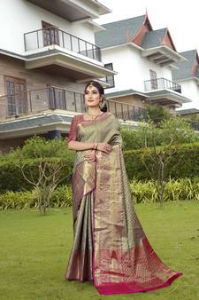 Grey Zari Woven Kanjeevaram silk Saree With Blouse