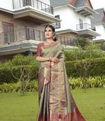 Grey Zari Woven Kanjeevaram silk Saree With Blouse
