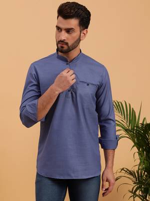 Namaskar Blue Cotton Full Sleeves Solid Medium Length Regular Fit kurta for men 1