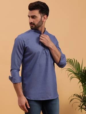 Namaskar Blue Cotton Full Sleeves Solid Medium Length Regular Fit kurta for men 3