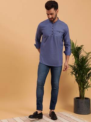 Namaskar Blue Cotton Full Sleeves Solid Medium Length Regular Fit kurta for men 5