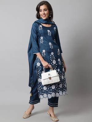 Teal embroidered cotton silk Kurta Pant With Dupatta 1