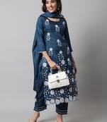 Teal embroidered cotton silk Kurta Pant With Dupatta