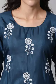 Teal embroidered cotton silk Kurta Pant With Dupatta