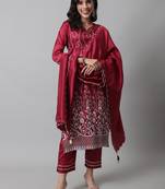 Red embroidered cotton silk Kurta Pant With Dupatta