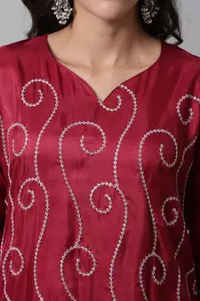 Red embroidered cotton silk Kurta Pant With Dupatta