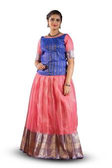 Girls Pink Gerbera Pattu Pavadai | Langa