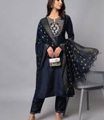 Navy-blue embroidered cotton silk Kurta Pant With Dupatta