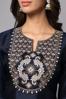 Navy-blue embroidered cotton silk Kurta Pant With Dupatta