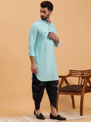 Namaskar Sky Cotton Full Sleeves Solid Above Knee length Regular Fit kurta for men 3