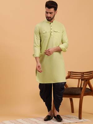 Namaskar Green Cotton Full Sleeves Solid Above Knee length Regular Fit kurta for men 1