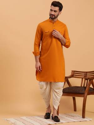 Namaskar Musturd Cotton Full Sleeves Solid Above Knee length Regular Fit kurta for men 1