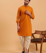 Namaskar Musturd Cotton Full Sleeves Solid Above Knee length Regular Fit kurta for men