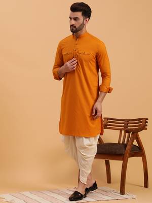 Namaskar Musturd Cotton Full Sleeves Solid Above Knee length Regular Fit kurta for men 2