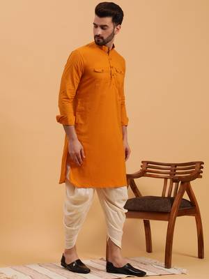 Namaskar Musturd Cotton Full Sleeves Solid Above Knee length Regular Fit kurta for men 3